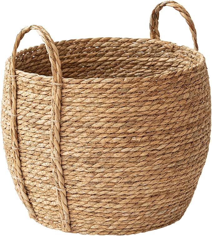 Rattan Grass Woven Flower Basket, Decorative Round Wicker Woven Rope Storage Blanket Basket with Woven Handles,Planter Pot for Living Room,Floor Standing Storage,Balcony Garden Decoration