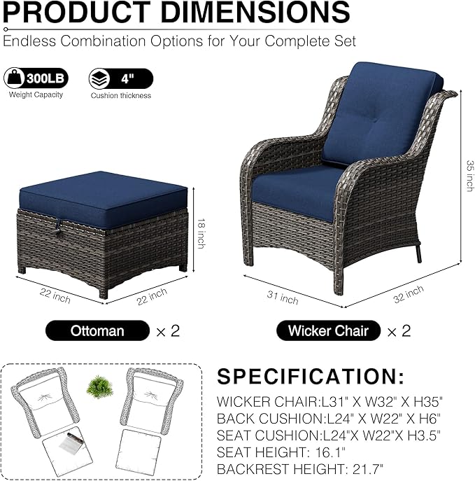 Joyside 4 Piece Wicker Patio Furniture Set, Rattan Patio Chairs with High Back, Deep Seating, Wide Armrest, Thickened Cushions, Outdoor Furniture for Deck, Porch Use