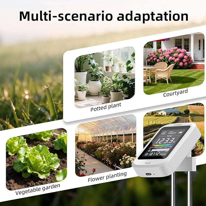 TERRU 6-in-1 Soil Moisture Meter with pH, Nutrient, Sunlight, Temperature & Humidity | Multi-Function Tester for Garden, Lawn and Indoor Plants | Factory-Permanent Calibration