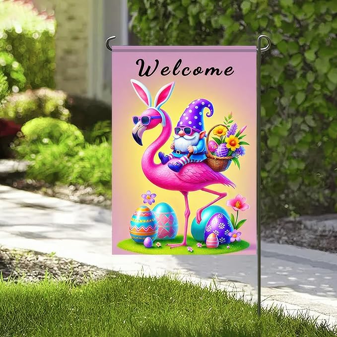 Easter Garden Flag 12" X 18" Double Sided Welcome Easter Flamingo Flag Gnome Garden Flag Gnome and Flamingo Welcome Spring Holiday Yard Outdoor Banner Yard Flags for Party Home Decor