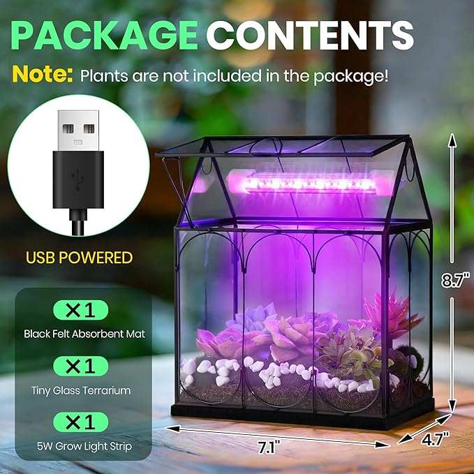 Meonum Tiny Glass Terrarium Kit with Grow Light, 7.1 x 4.7 x 8.7 Venus Fly Trap Terrarium with Absorbent Mat, Timer&3 Light Modes for Succulent Live Air Plants Indoor Home Office Decor (USB Powered)