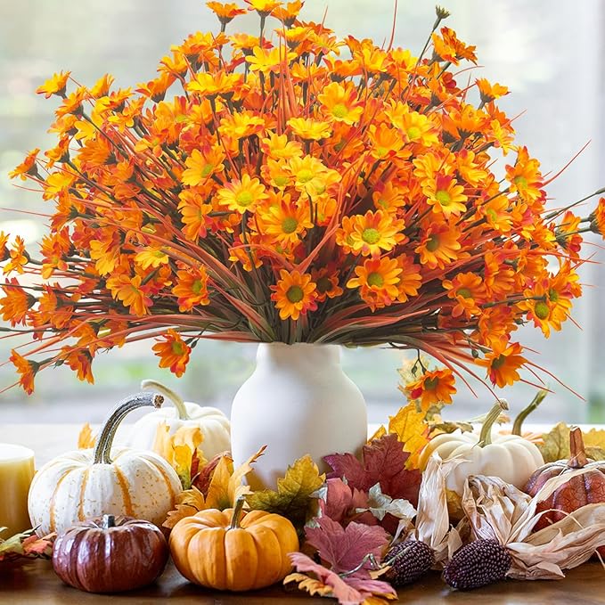 10 Bundles Artificial Flowers Outdoor Fake Fall Flowers for Outside Decoration UV Resistant Plastic Faux Plants for Garden Window Porch Balcony Fall Wedding Thanksgiving Decor