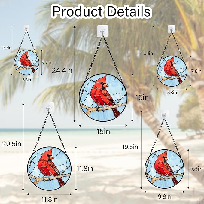 Stained Glass Window Hanging Cardinal Birds Large 11.8" - Suncatcher Door Garden Sun Catcher Home Decor Christmas Birthday for Bird Lovers Woman Her Nana Wife Men Mom