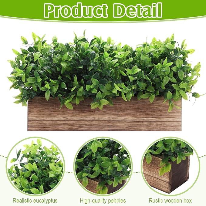 Lyrow 2 Pack Artificial Eucalyptus Plant in Rectangular Rustic Wooden Planter Box Faux Potted Herb Plant Table Centerpiece for Kitchen Windowsill Shelf Decor (Brown,16 '')