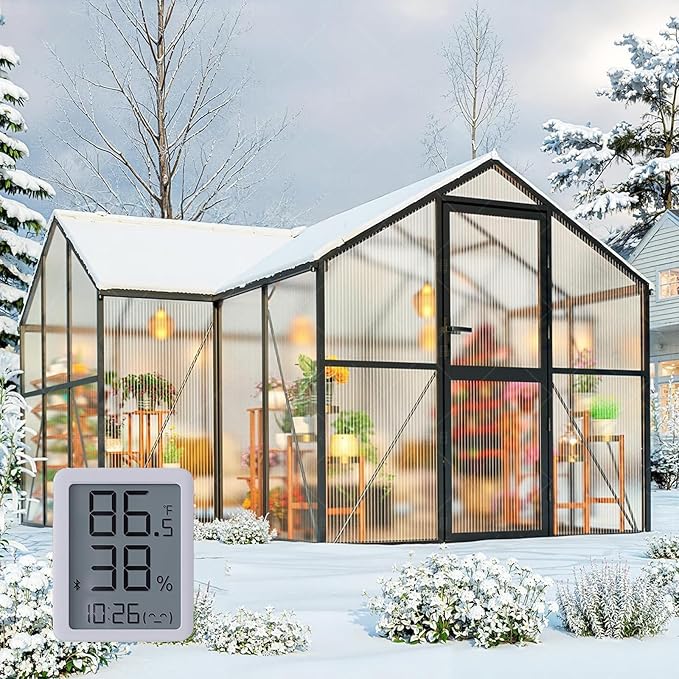 12X12FT Green Houses for Outside, Large Greenhouse for Outdoors and Garden Planting, Walk in Greenhouse Kit with Electronic Thermometers, Withstands Strong Wind or Snow to Protect Vegetables or Plants