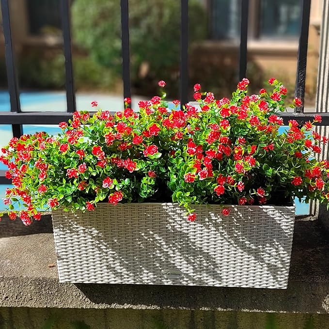 Grunyia 12 Bundles Artificial Flowers for Outdoors, UV Resistant Fake Flowers with Plastic Plants, Faux Flowers for Outside Window Box Front Porch Hanging Planter Decor (Red)
