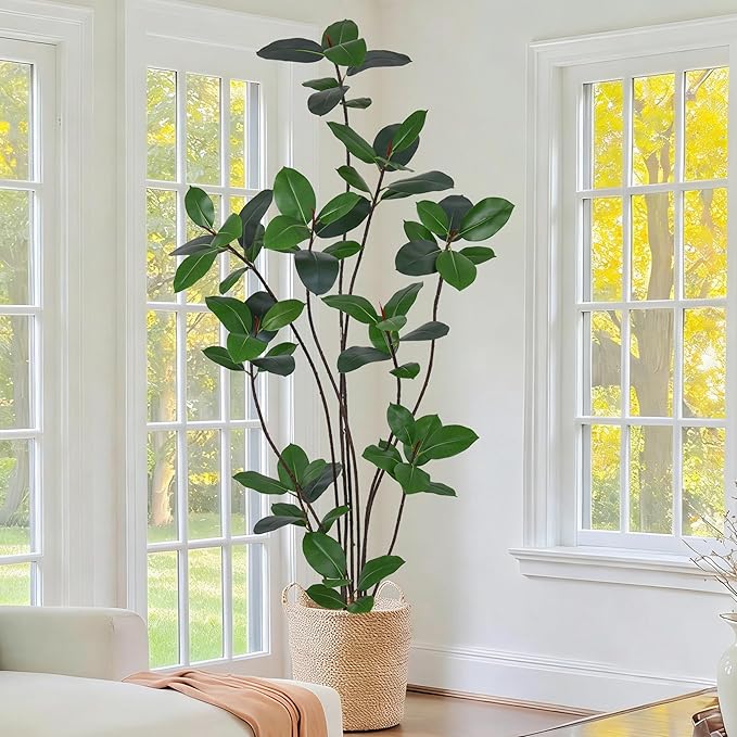 7FT Artificial Green Rubber Tree - 84" Faux Trees Indoor with 68 Lifelike Vivid Leaves and 10Heads, Tall Fake Potted Plant for Home Office Living Room Decor Housewarming Gift