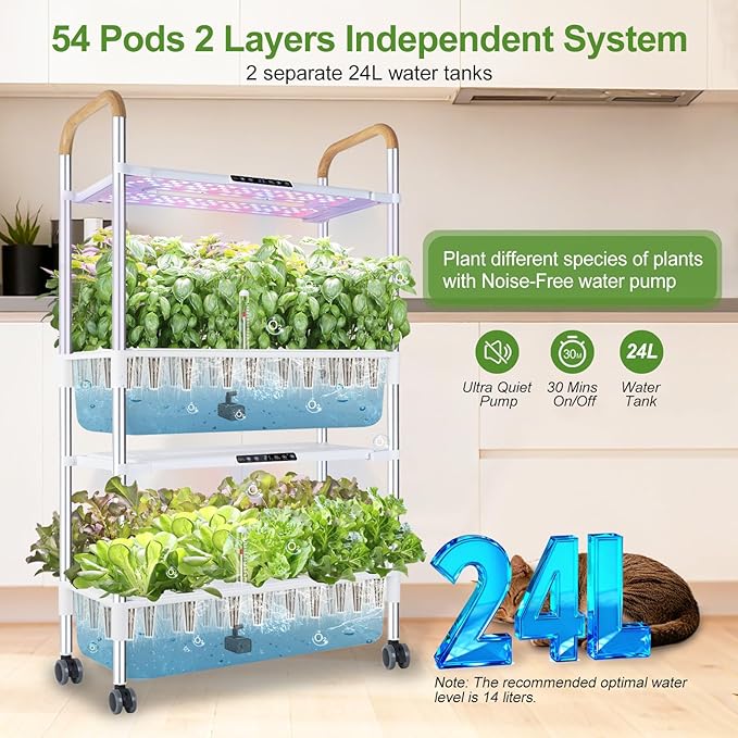 Indoor Garden Hydroponic Growing System with 54 Pods Herbs Garden Kit with 30W Led Grow Light Large Movable 2-Layer Floor-Standing Hydroponic Gardening System Planter Grower for Vegetable Fruit