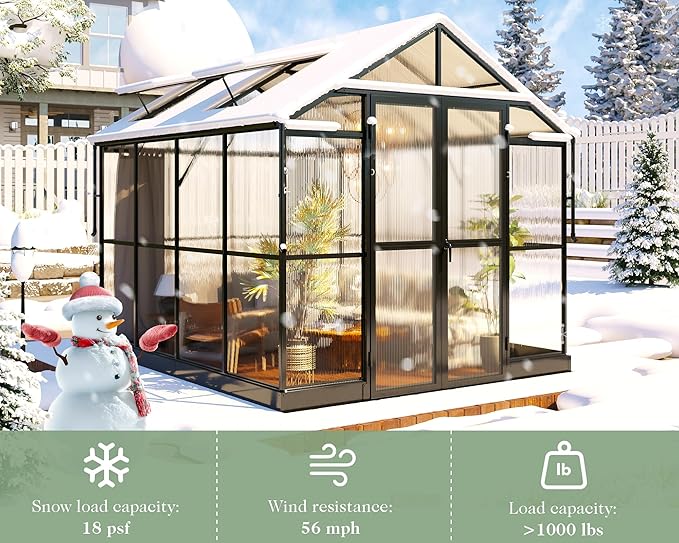 Jocisland 7.5x7.6x7.4 FT Outdoor Aluminum Polycarbonate Greenhouse with Ventilation and Rain Gutter, Double Swing Doors with Hook, Walk in Greenhouse for Outdoors, Backyard, Garden (Black)