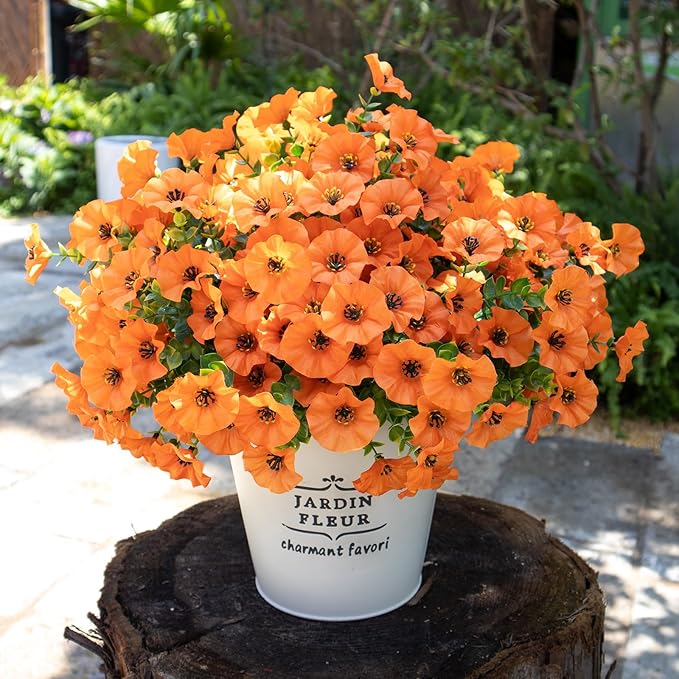 VDVST Fall Artificial Flowers for Outdoors,UV Resistant Fall Flowers Outdoor,Not-Fading Faux Fall Flowers for Outdoor Planters Front Door Porch Yard Patio Garden Home Decor,12 Bundles (Orange)
