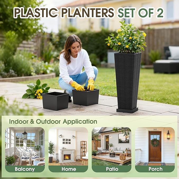 Set of 2 Tall Plastic Planters with Saucer, 24 Inch Height Pots with Drainage Trays, Black
