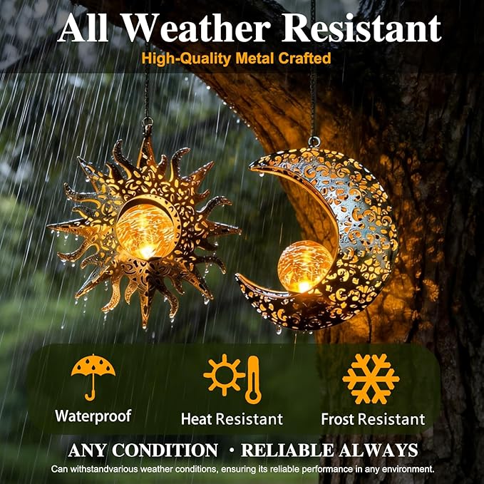 Solar Hanging Sun and Moon Lights Garden Outside Decor,2 Pack Metal Lanterns Outdoor Sunflower Art Decorations for Porch Backyard Patio Wall Tree,Unique Gardening Gifts for Women Mom Grandma