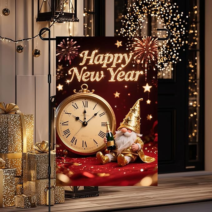 Happy New Year Garden Flag Gold Gnome Banner 12x18 Inch Double Sided Flag Outdoor Yard Decoration with Clock Image for Home Lawn Porch House Seasonal Holiday Garden Flags Outdoor Decor