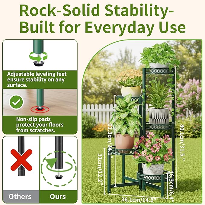 NQW 5-Tier Metal Plant Stand Indoor Outdoor, Corner Tall Plant Shelf for Multiple Plants, Foldable Plant Stand, Heavy Duty Flower Stand Holder for House Living Room Balcony Garden Patio -GreenFlower