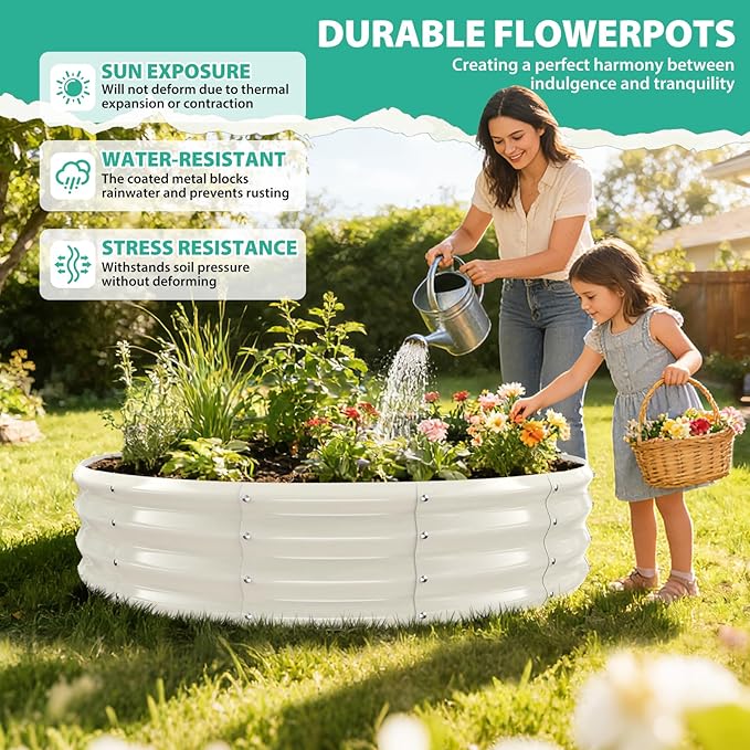 5FT Diameter Galvanized Garden Raised Bed/Plant Box/Fire Pit Ring - 0.8mm Thick,12 Inch Tall,Perfect for Planting a Variety of Flowers,Herbs,Vegetables (Cream White, 60 Dia X 12 inches)