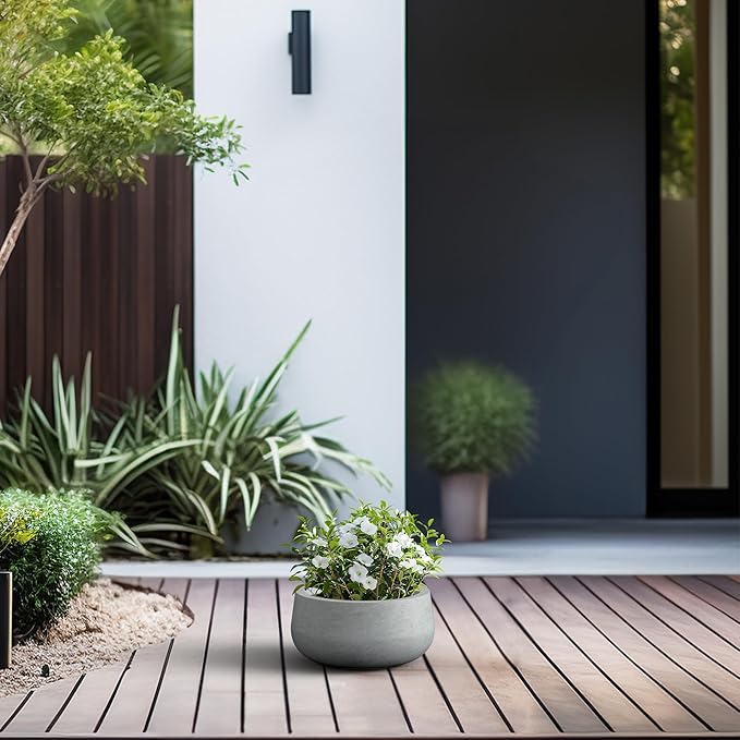 Kante 11.8" Dia Round Concrete Planter, Cement Plant Pots with Drainage Hole and Rubber Plug for Outdoor Indoor Garden Home, Modern Curvaceous Design, Natural Concrete