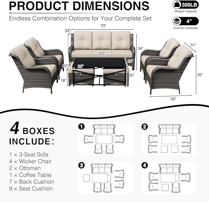 Joyside 8 Piece Wicker Patio Furniture Set, Rattan Patio Chairs with High Back, Deep Seating, Wide Armrest, Thickened Cushions, Outdoor Furniture for Deck, Porch Use