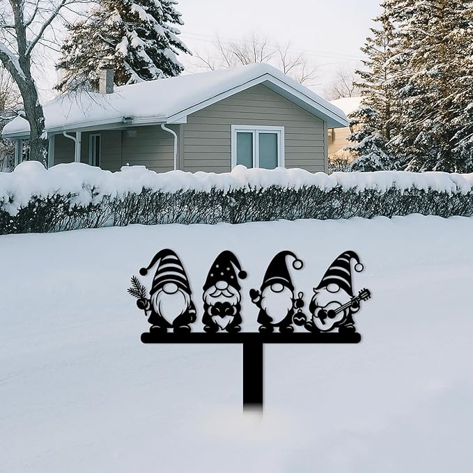 Magilab Personalized Iron Yard Stake - Christmas Cute Gnome Dwarves Decor, 8-Inch Black Metal Garden Sign for Outdoor (Style R)