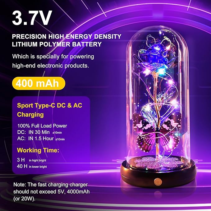 Valentines Day Rose Gifts for Her Birthday Gift for Women Rechargeable Galaxy Glass Rose in Glass Dome Crystal Roses Flowers Butterfly Valentine Gifts for Women Daughter Mom Wife Girlfriend Purple