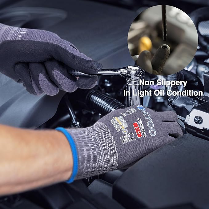 KAYGO Safety Work Gloves MicroFoam Nitrile Coated, 12 Pairs KG18NB,Seamless Knit Nylon Glove for Men and Women, Ideal for Automotive,Warehouse,Construction (L, Purple)