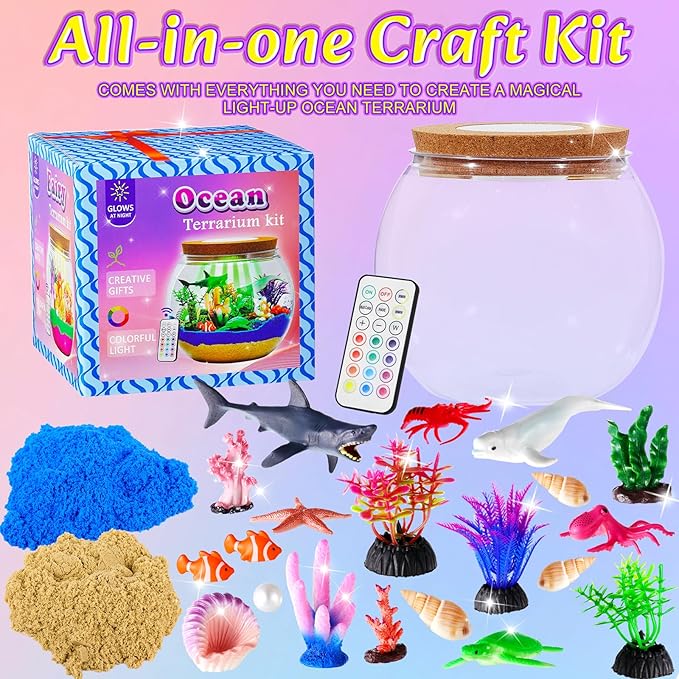 Hannstar Ocean Light Up Terrarium Kit for Kids - Sea Animal Toys LED Night Light Ocean Shark Birthday Gift for Boys & Girls Ages 4 5 6 7 8-12, Kids Arts & Crafts Kit