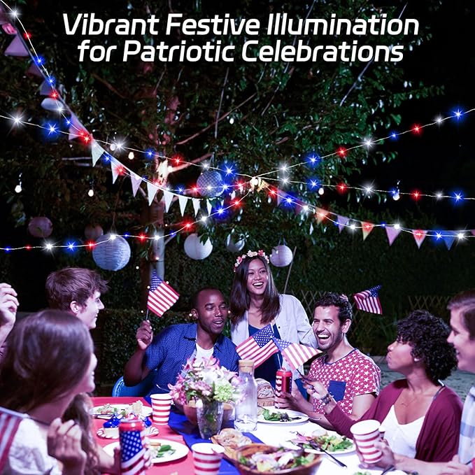 Red White and Blue Solar Fairy Lights, 4th of July Lights Waterproof Outdoor 16.4ft 50LED 8 Modes Memory Function Independence Day Memorial Day Decorations