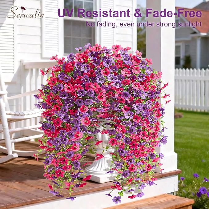 Serwalin 6PCS Artificial Fall Flowers for Outdoors Decoration, Realistic Silk Artificial Fall Hanging Flowers for Patio, Garden, Porch, Window, Outside (Purple& Hot Pink,6PCS)