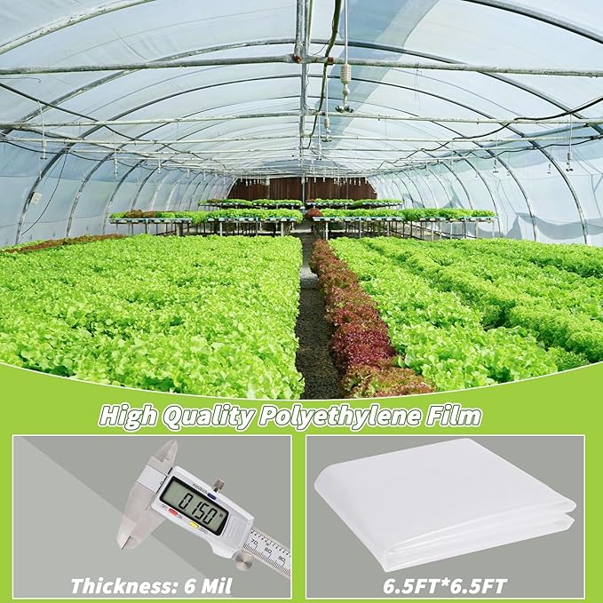 2 PCS Greenhouse Plastic Sheeting 6 Mil, 6.5 x 6.5FT Transparent UV Resistant Polyethylene Film, Tear-Resistant Green House Hoop Cover for Gardening Farming Nursery, Henhouse, Anti-Drip & Weatherproof