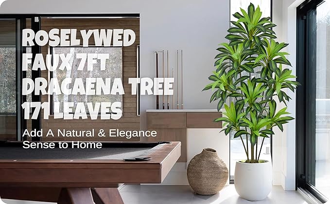 Roselywed Artificial Dracaena Tree 7FT with 171 Leaves & 9 Heads Tall Large Fake Faux Tropical Silk Yucca Plant 84 Inch Glossy Thick Leaves Black Pot for Indoor Home Office Porch Mall School Decor