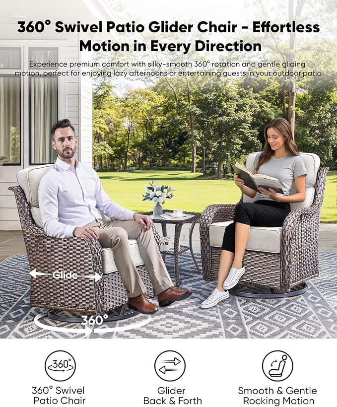 HUMMUH 3PCS Patio Furniture Set with 6-inch Thick Cushion, High Back Outdoor Swivel Rocker Patio Chairs, Wicker Conversation Set for Porch Deck and Poolside(V3)