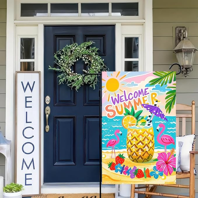 Welcome Summer Garden Flag 12x18 Double Sided Flamingo Sunshine Hawaii Tropical Beach Holiday Garden Flags Welcome Summer Tropical Ocean Sea Yard Flag for Seasonal Outdoor Party Decoration