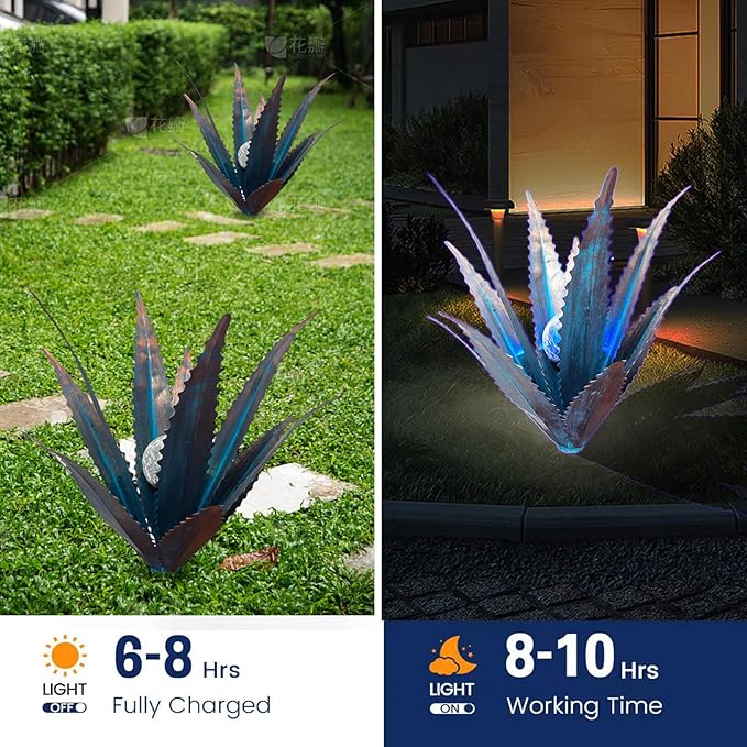 Muciwa 2 PCS Metal Agave Sculpture Decoration, Vintage Country Hand-Painted Sculpture DIY Metal Agave Plant, Home Garden Courtyard Lawn Outdoor Decoration (Serrated Blue)