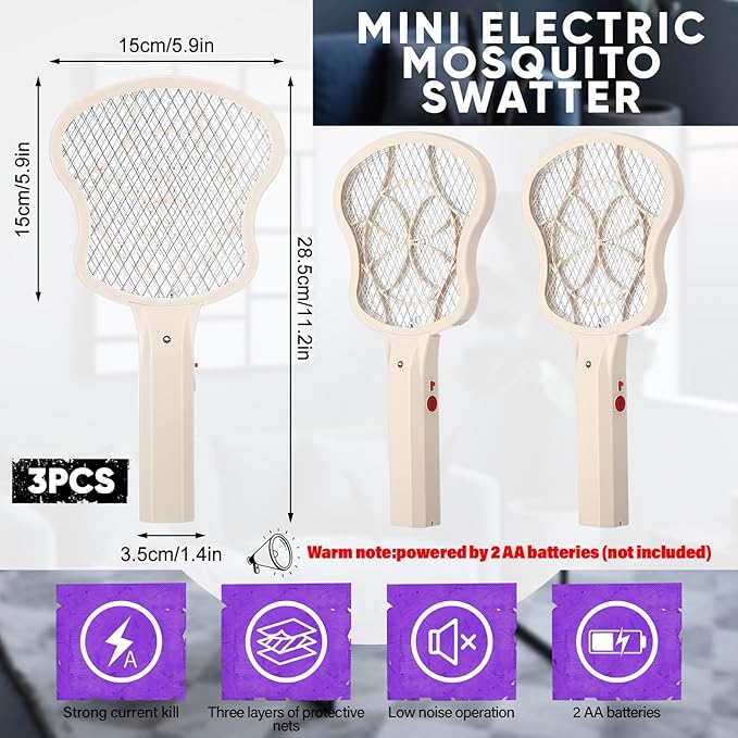 3 Pack Electric Fly Swatter Racket 3000v Bug Zapper Racket Mini Handheld Fly Swatter Mosquito Zapper with 2-Layer Safety Mesh Zappers for Indoor Outdoor Home Vehicle Placement Camping