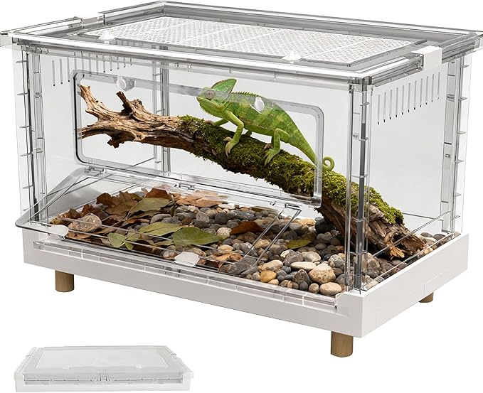 Foldable Reptile Terrarium, 30 Gallon Bearded Dragon Tank Fully Transparent Reptile Enclosure, 28"x17"x16" Front Opening Snake Enclosure Cages with Metal Mesh Roof for Lizard Gecko Spider Turtles