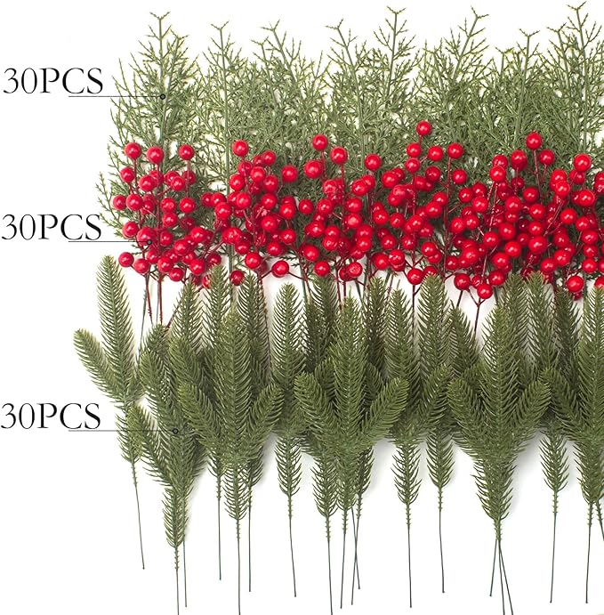 Grunyia 90 PCS Artificial Pine Branches Cedar Stems with Red Holly Berries - Perfect Faux Pine Greenery Stems for Christmas Tree, Wreath & Garland DIY Crafts Holiday Home Decoration