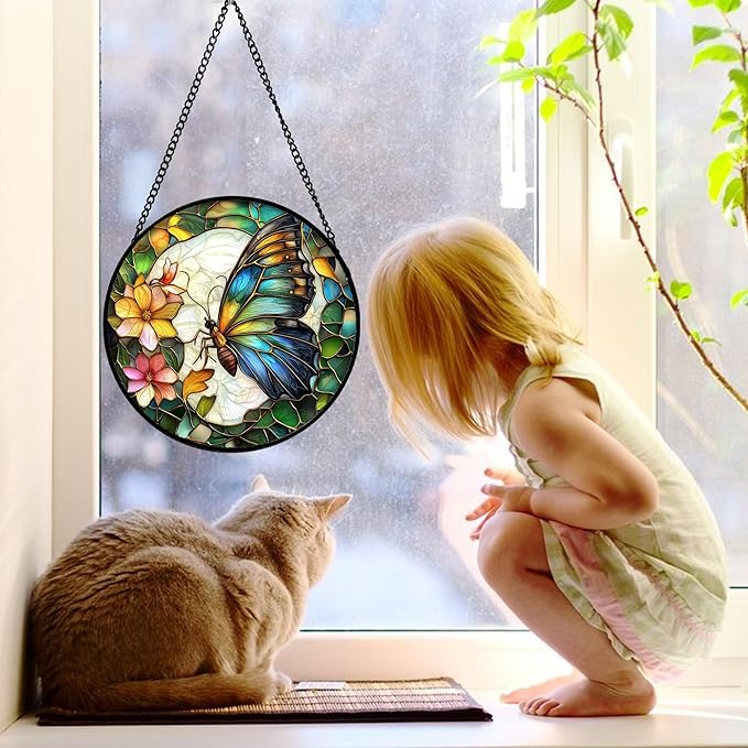 DASTOLL Stained Glass Window Hanging, Butterfly Flower Sun Catchers Diamond Glass Panel Hangings Insect Suncatcher Decor for Birthday for Women, Men, Wife, Aunt, and Mom 11.8x11.8 in