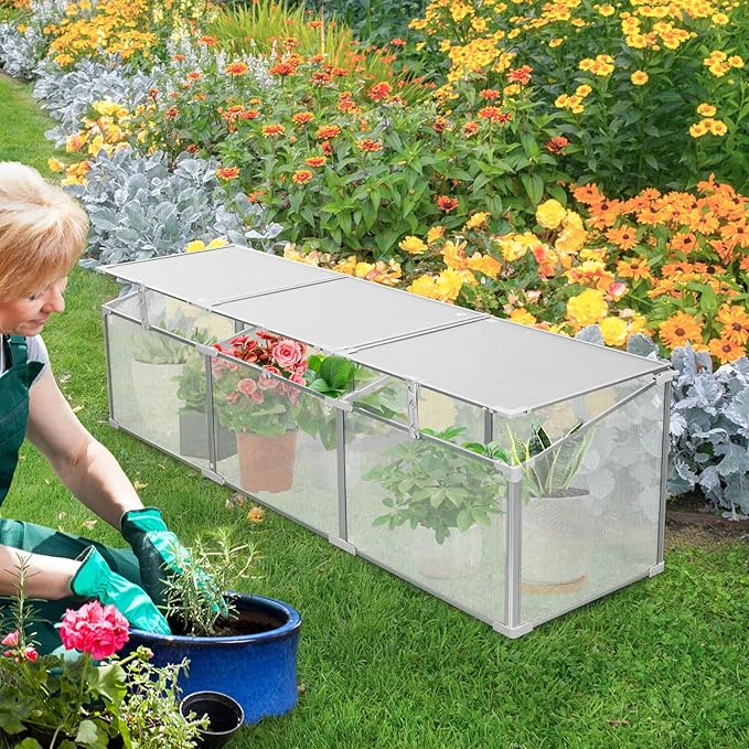 6×1.6 FT Polycarbonate Mini Greenhouse for Outdoors Winter Use, Portable Raised Cold Frame Green House with Openable Top, Aluminum Frame Small Greenhouse for Herbs Flowers Vegetables, Silver