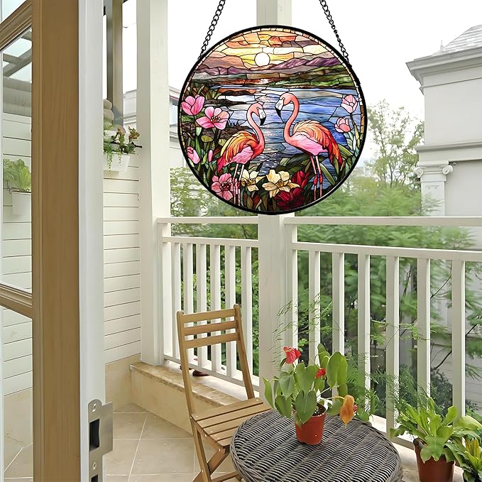Stained Glass Window Hanging - Flamingo Wildflowers Landscape Suncatcher for Door Terrace Garden Home Decor Sunset Lake Sun Catcher Birthday Gifts for Lovers Women Men Dad Mom Nana 11.8 in