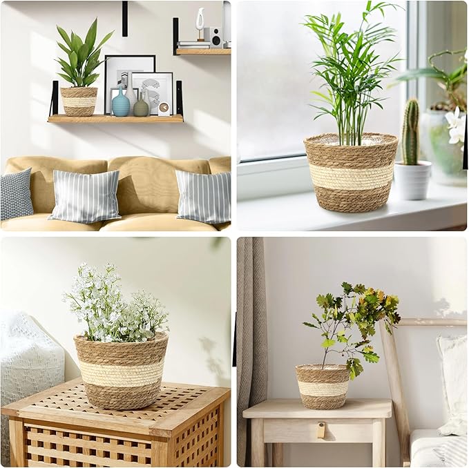 Athaliah Plant Basket Set of 3, Woven Plant Baskets Indoor with Plastic Liner, Water Hyacinth & Corn Husk Planter Baskets, Floor Plant Baskets for Pots, Rustic Farmhouse Home Decor