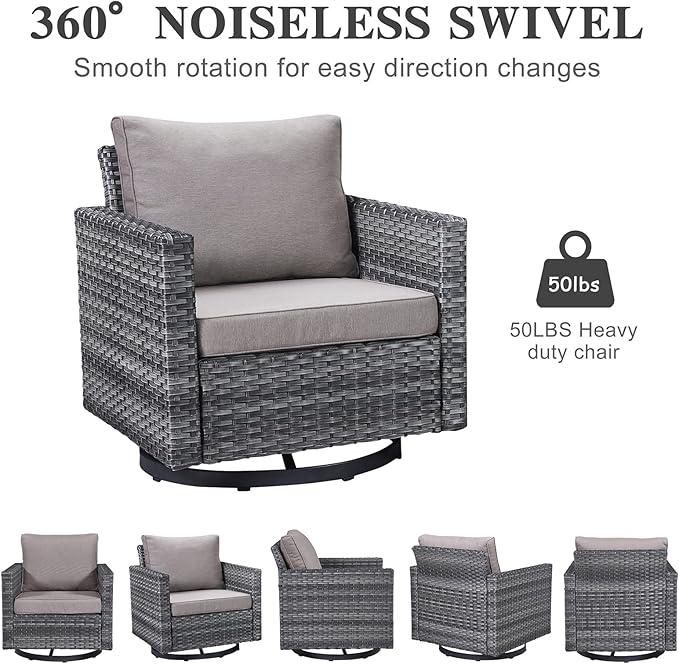 Belord 7 Piece Outdoor Furniture Patio Wicker Sofa Set, Oversize Outdoor Swivel Rocker Chairs with Rattan Ottomans, Conversation Sets Patio Furniture Come with Removable Washable Cushion Grey