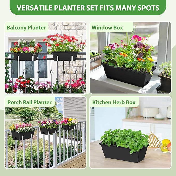 OYEAL 4 Pack Railing Planter Box Outdoor, 17 Inch Plastic Flower Pots with Adjustable Brackets, Hanging Window Boxes Planter Flower Herb Plant Pot for Garden Fence Patio, Balcony Decor, Black & White