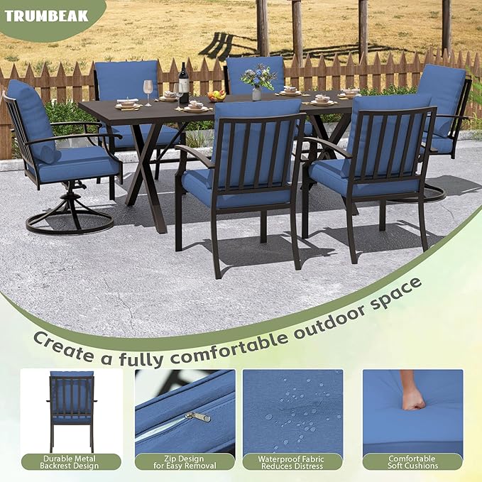 7-Piece Patio Dining Set Outdoor Conversation Set,Metal Outdoor Furniture Set with Umbrella Hole Cut-Out 78.7" x 35.4" Table and 6 Metal Chairs for Backyard,Garden,NavyBlue