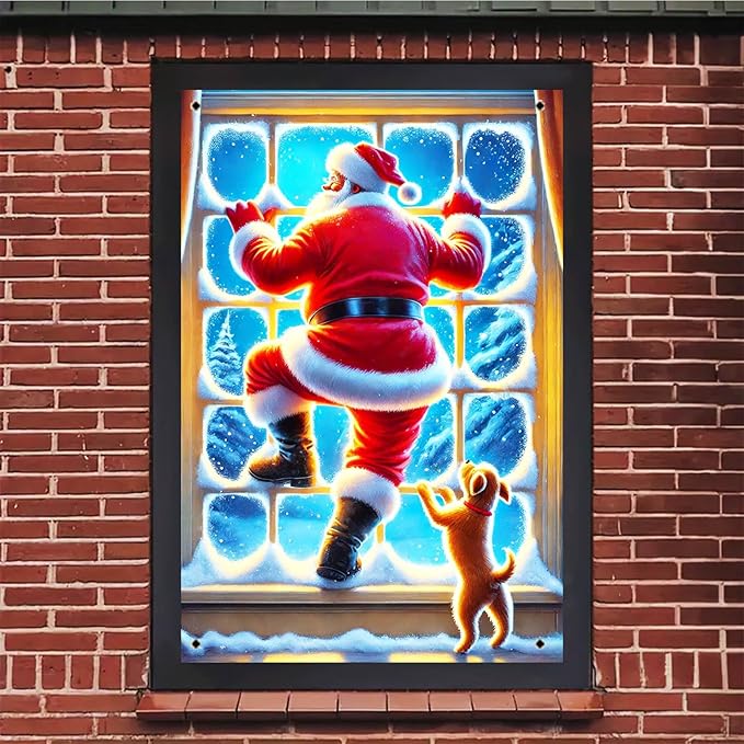 Christmas Santa and Dog Window Garden Flag 12x18 Inch Holiday Winter Yard Banner Double Sided Seasonal Outdoor Porch Lawn Decoration Festive House Flag Snow Scene