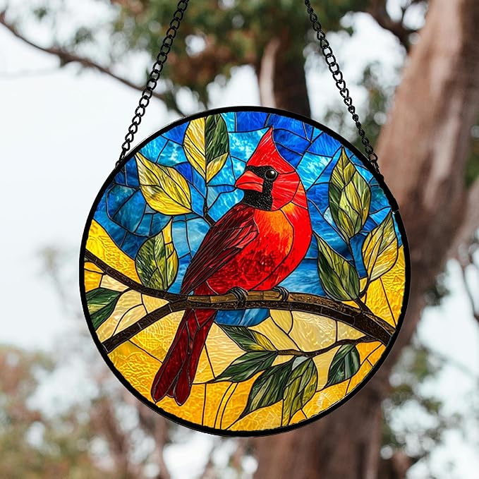 DASTOLL Stained Glass Window Hanging, Blue Sky Cardinal Sun Catchers Colorful Glass Panel Red Birds Suncatcher Decor for Birthday for Women, Men, Wife, Aunt, and Mom 14.9x14.9 in
