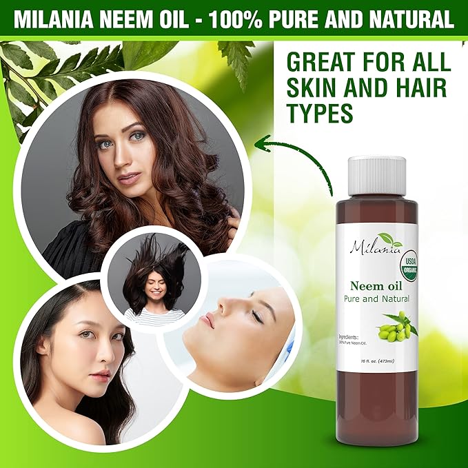 MILANIA Premium Organic Neem Oil Virgin(16 Fl. Oz.), Cold Pressed, Unrefined 100% Pure Natural Grade A. Excellent Quality.
