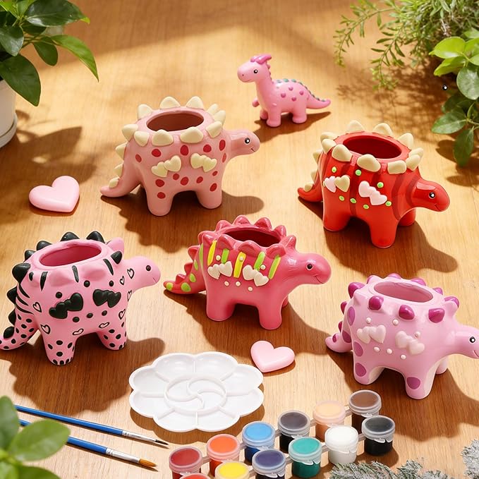 Pasimy 6 Set Ceramics to Paint DIY Ceramic Succulent Planter Pots Paint Your Own Flower Pots Craft Kit Unpainted Bisque Flowerpot with Brush Palette for Family Activity Holiday Gifts(Dinosaur)