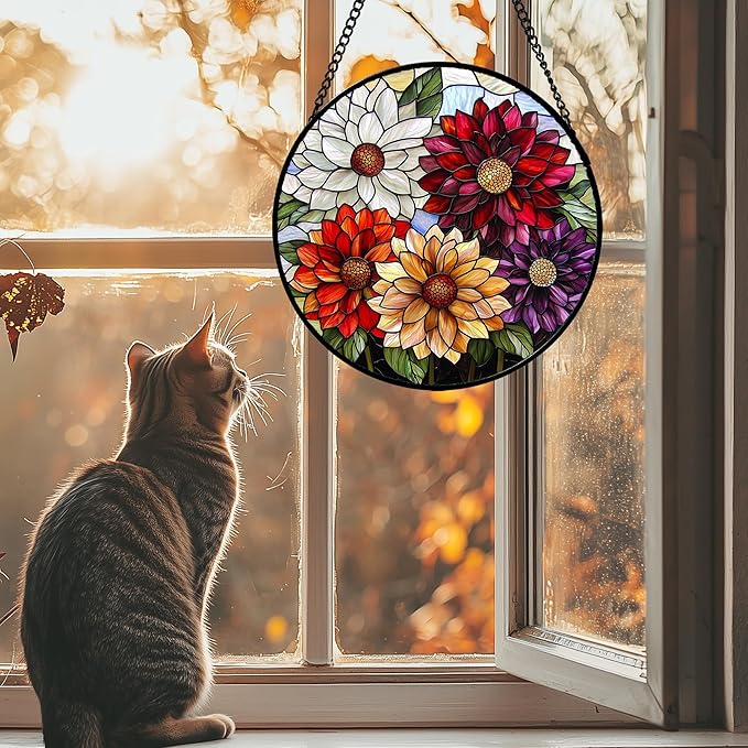 AMDERVEN Stained Glass Window Hanging, Colorful Flowers Sun Catcher for Window Door Home Decor Plant Suncatcher Christmas Mother's Day Birthday Gifts for Women Men Mom and Nana 6.3 in