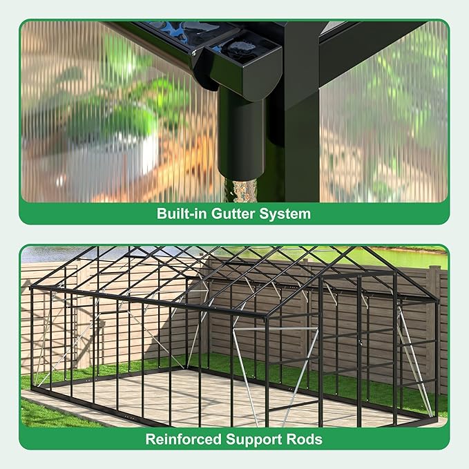 WKM 10x18 FT Greenhouse for Outdoors, Walk-in Polycarbonate Greenhouse with Quick Setup Structure and Roof Vent, Heavy Duty Green House for Outside Garden Backyard, Black