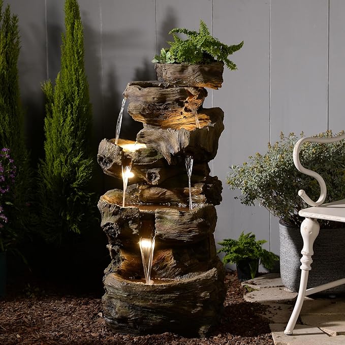 40.6" H Wood-Like Water Fountain Indoor & Outdoor, 5-Tier Natural Cascading Waterfall with LED Light for Patio, Porch, Garden, Home Decor, Medium Wood