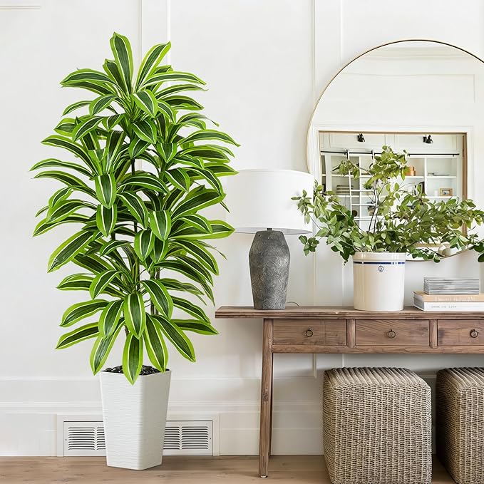 Artificial Yellow Dracaena Tree - 6FT Tall Fake Plants with White Tall Planter - Artificial Plants Indoor Floor Plant in Pot - Large Tropical Fake Yucca Potted Tree for Home Office Living Room Decor